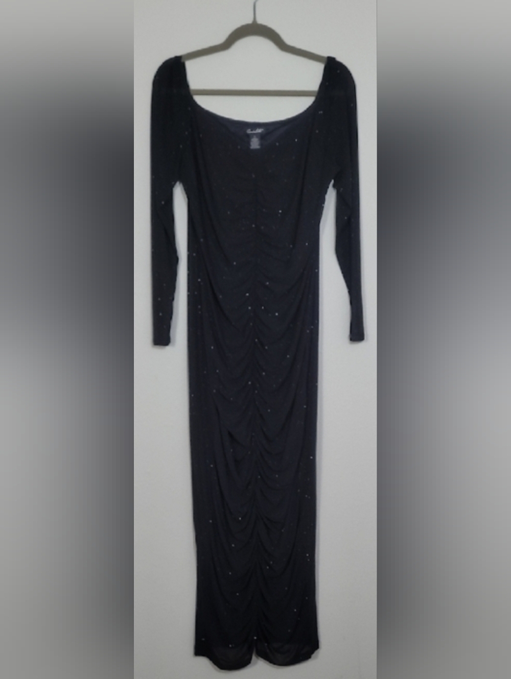 Vintage Candalite Ruched Maxi Formal Dress Large Black Sheer Sleeve Whimsigoth